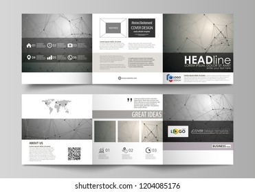 Set of business templates for tri fold square design brochures. Leaflet cover, abstract vector layout. Chemistry pattern, molecule structure on gray background. Science and technology concept.