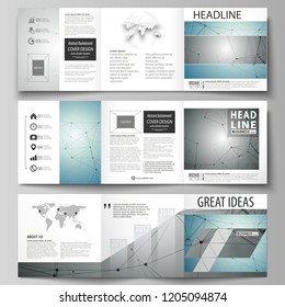 Set of business templates for tri fold square design brochures. Leaflet cover, vector layout Geometric background, connected line and dots. Molecular structure. Scientific, medical, technology concept