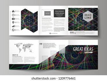 Set of business templates for tri fold square design brochures. Leaflet cover, abstract flat layout, easy editable vector. Bright color lines, colorful beautiful background. Perfect decoration.