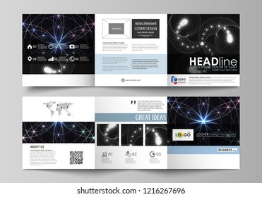 Set of business templates for tri fold square design brochures. Leaflet cover, abstract flat layout, easy editable vector. Sacred geometry, glowing geometrical ornament. Mystical background.