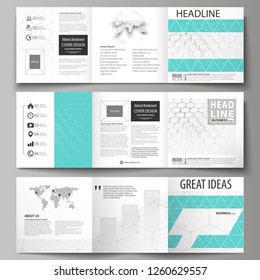 Set of business templates for tri fold square design brochures. Leaflet cover, abstract vector layout. Chemistry pattern, hexagonal molecule structure on blue. Medicine, science and technology concept