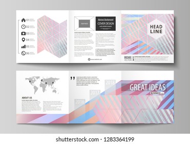 Set of business templates for tri fold square brochures. Leaflet cover, abstract flat layout, easy editable vector. Sweet pink and blue decoration, pretty romantic design, cute candy background.