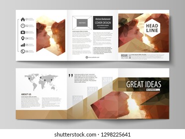 Set of business templates for tri fold square design brochures. Leaflet cover, abstract vector layout. Romantic couple kissing. Beautiful background. Geometrical pattern in triangular style.