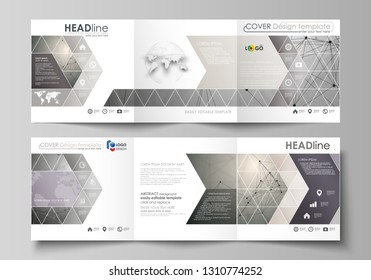 Set of business templates for tri fold square design brochures. Leaflet cover, abstract vector layout. Chemistry pattern, molecule structure on gray background. Science and technology concept.