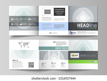 Set of business templates for tri fold square design brochures. Leaflet cover, abstract vector layout. Minimalistic background with lines. Gray color geometric shapes forming simple beautiful pattern.