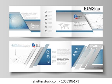 Set of business templates for tri fold square design brochures. Leaflet cover, abstract vector layout. Geometric blue color background, molecule structure, science concept. Connected lines and dots.