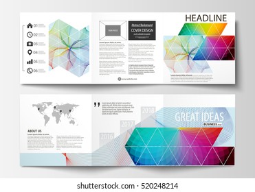 Set of business templates for tri fold square brochures. Leaflet cover, flat layout, easy editable vector. Colorful design background with abstract shapes and waves, overlap effect