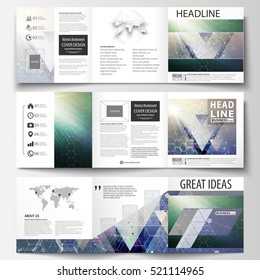 Set of business templates for tri fold brochures. Square design. Leaflet cover, abstract vector layout. Chemistry pattern, hexagonal molecule structure. Medicine, science, technology concept