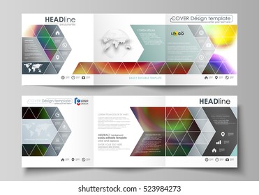 Set of business templates for tri fold brochures. Square design. Leaflet cover, flat layout, easy editable vector. Colorful background with abstract shapes, bright cell backdrop