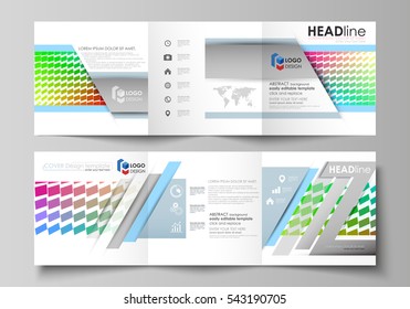 Set of business templates for tri fold square design brochures. Leaflet cover, abstract flat vector layout. Colorful rectangles, moving dynamic shapes forming abstract polygonal style background.