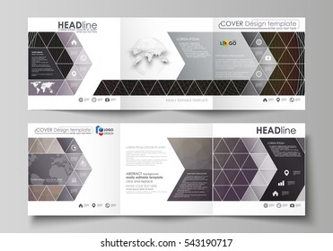 Set of business templates for tri fold square design brochures. Leaflet cover, abstract vector layout. Dark color triangles and colorful circles. Abstract polygonal style modern background.