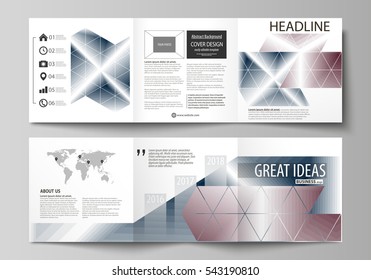Set of business templates for tri fold square design brochures. Leaflet cover, abstract flat vector layout. Simple monochrome geometric pattern. Abstract polygonal style, stylish modern background.