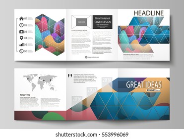 Set of business templates for tri fold square brochures. Leaflet cover, flat style vector layout. Bright color pattern, colorful design with overlapping shapes forming abstract beautiful background.