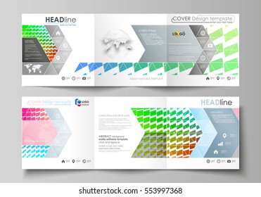 Set of business templates for tri fold square design brochures. Leaflet cover, layout, easy editable vector. Colorful rectangles, moving dynamic shapes forming abstract polygonal style background.