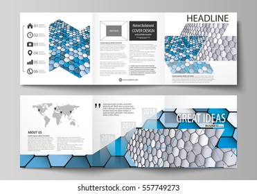 Set of business templates for tri fold square design brochures. Leaflet cover, layout, easy editable vector. Blue and gray color hexagons in perspective. Abstract polygonal style modern background