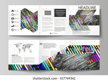 Set of business templates for tri fold square design brochures. Leaflet cover, easy editable vector layout. Colorful background with stripes. Abstract tubes and dots. Glowing multicolored texture