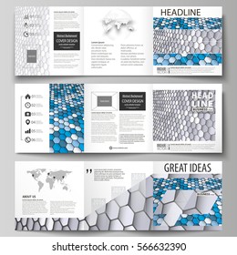 Set of business templates for tri fold square design brochures. Leaflet cover, layout, easy editable vector. Blue and gray color hexagons in perspective. Abstract polygonal style modern background.