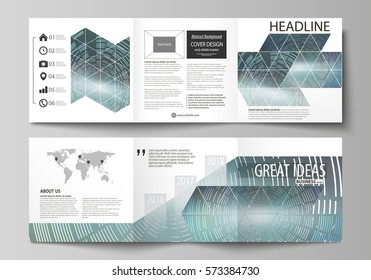 Set of business templates for tri fold square design brochures. Leaflet cover, abstract flat layout, easy editable vector. Technology background in geometric style made from circles