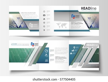 Set of business templates for tri fold brochures. Square design. Leaflet cover, abstract vector layout. Chemistry pattern, hexagonal molecule structure. Medicine, science, technology concept