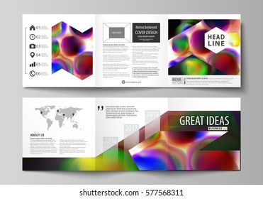 Set of business templates for tri fold brochures. Square design. Leaflet cover, flat layout, easy editable vector. Colorful background with abstract shapes, bright cell backdrop