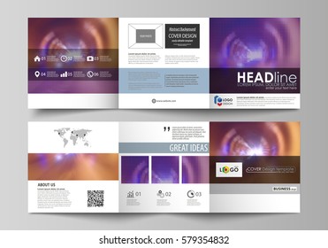 Set of business templates for tri fold square design brochures. Leaflet cover, abstract flat layout, easy editable vector. Bright color colorful design, beautiful futuristic background.