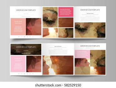 Set of business templates for tri fold square design brochures. Leaflet cover, abstract vector layout. Romantic couple kissing. Beautiful background. Geometrical pattern in triangular style.