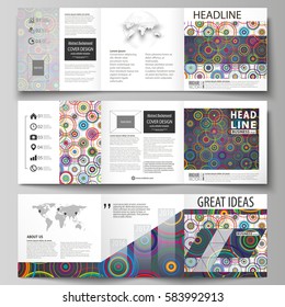 Set of business templates for tri fold square design brochures. Leaflet cover, abstract flat layout, easy editable vector. Bright color background in minimalist style made from colorful circles