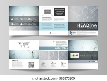 Set of business templates for tri fold square design brochures. Leaflet cover, abstract vector layout. Chemistry pattern, connecting lines and dots, molecule structure, scientific medical DNA research