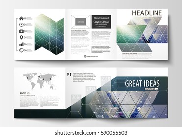 Set of business templates for tri fold brochures. Square design. Leaflet cover, abstract vector layout. Chemistry pattern, hexagonal molecule structure. Medicine, science, technology concept