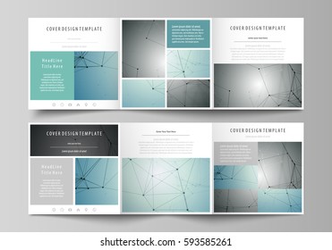 Set of business templates for tri fold square design brochures. Leaflet cover, vector layout Geometric background, connected line and dots. Molecular structure. Scientific, medical, technology concept