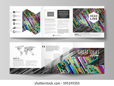 Set of business templates for tri fold square design brochures. Leaflet cover, abstract vector layout. Colorful background made of stripes. Abstract tubes and dots. Glowing multicolored texture