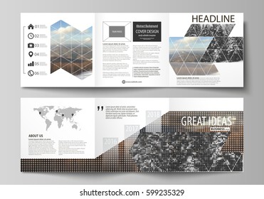Set of business templates for tri fold square design brochures. Leaflet cover, abstract flat layout, editable vector. Abstract landscape of nature. Dark color pattern in vintage style, mosaic texture