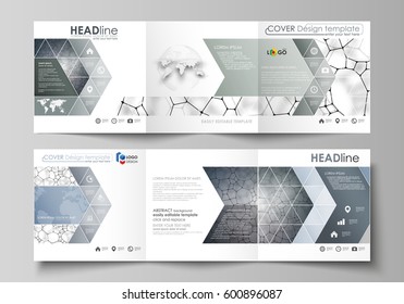 Set of business templates for tri fold square design brochures. Leaflet cover, vector layout. Chemistry pattern, molecular texture, polygonal molecule structure, cell. Medicine, microbiology concept.