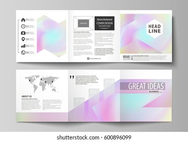 Set of business templates for tri fold square design brochure. Leaflet cover, abstract vector layout. Hologram, background in pastel colors with holographic effect. Blurred pattern, futuristic texture