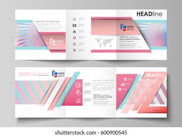 Set of business templates for tri fold square brochures. Leaflet cover, abstract flat layout, easy editable vector. Sweet pink and blue decoration, pretty romantic design, cute candy background.