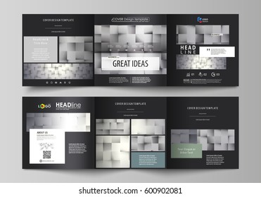Set of business templates for tri fold square design brochures. Leaflet cover, abstract layout, easy editable vector. Pattern made from squares, gray background in geometrical style. Simple texture