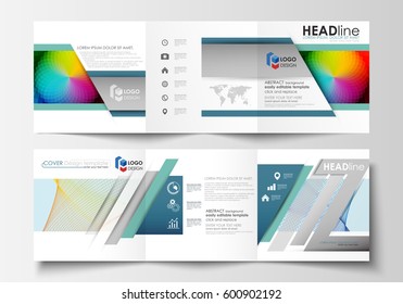 Set of business templates for tri fold square brochures. Leaflet cover, flat layout, easy editable vector. Colorful design background with abstract shapes and waves, overlap effect