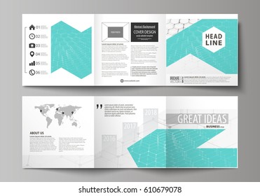 Set of business templates for tri fold square design brochures. Leaflet cover, abstract vector layout. Chemistry pattern, hexagonal molecule structure on blue. Medicine, science and technology concept