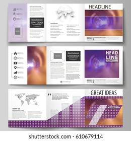 Set of business templates for tri fold square brochures. Leaflet cover, abstract flat layout, easy editable vector. Bright color colorful design, beautiful futuristic background