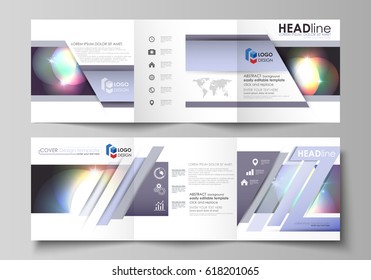 Set of business templates for tri fold square brochures. Leaflet cover, abstract flat layout, easy editable vector. Retro style, mystical Sci-Fi background. Futuristic trendy design