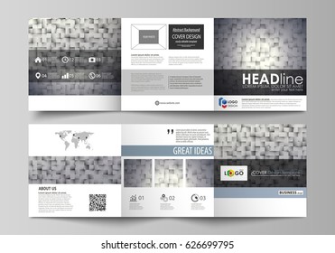 Set of business templates for tri fold square design brochures. Leaflet cover, abstract layout, easy editable vector. Pattern made from squares, gray background in geometrical style. Simple texture.