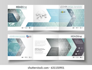 Set of business templates for tri fold square design brochures. Leaflet cover, vector layout Geometric background, connected line and dots. Molecular structure. Scientific, medical, technology concept