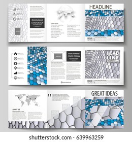 Set of business templates for tri fold square design brochures. Leaflet cover, layout, easy editable vector. Blue and gray color hexagons in perspective. Abstract polygonal style modern background.