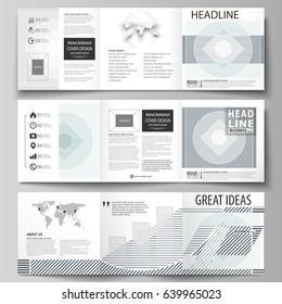 Set of business templates for tri fold square design brochures. Leaflet cover, abstract vector layout. Minimalistic background with lines. Gray color geometric shapes forming simple beautiful pattern.