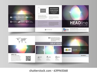 Set of business templates for tri fold square brochures. Leaflet cover, abstract flat layout, easy editable vector. Retro style, mystical Sci-Fi background. Futuristic trendy design.