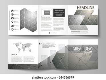 Set of business templates for tri fold square design brochures. Leaflet cover, abstract vector layout. Chemistry pattern, molecule structure on gray background. Science and technology concept.