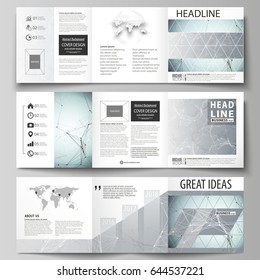 Set of business templates for tri fold square design brochures. Leaflet cover, abstract vector layout. Chemistry pattern, connecting lines and dots, molecule structure, scientific medical DNA research