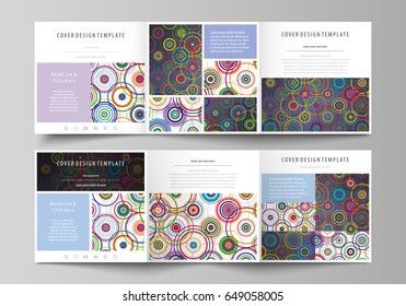 Set of business templates for tri fold square design brochures. Leaflet cover, abstract flat layout, easy editable vector. Bright color background in minimalist style made from colorful circles