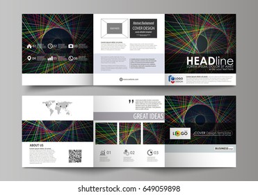 Set of business templates for tri fold square design brochures. Leaflet cover, abstract flat layout, easy editable vector. Bright color lines, colorful beautiful background. Perfect decoration