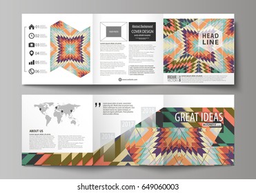 Set of business templates for tri fold square design brochures. Leaflet cover, abstract vector layout. Tribal pattern, geometrical ornament in ethno syle, ethnic backdrop, vintage fashion background